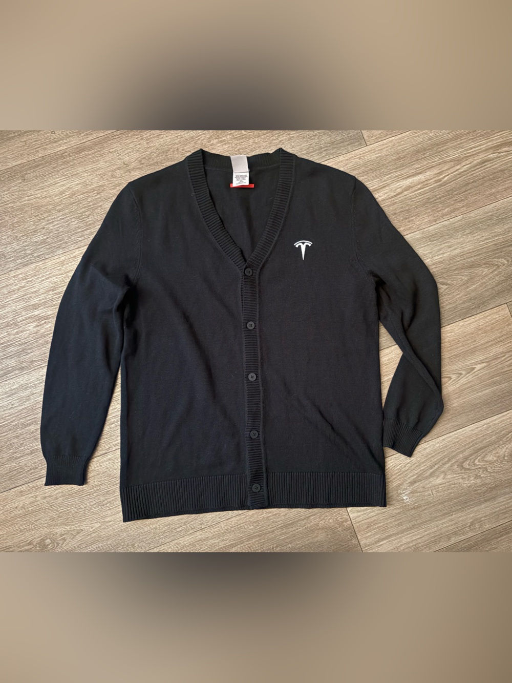 Tesla Black Men's V-Neck Button Cardigan with White Logo